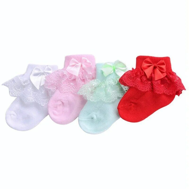 Lot de 4 paires de chaussettes en dentelle pour bébé fille,vêtement d'été et de printemps en coton, style princesse, 0 — 2 ans,