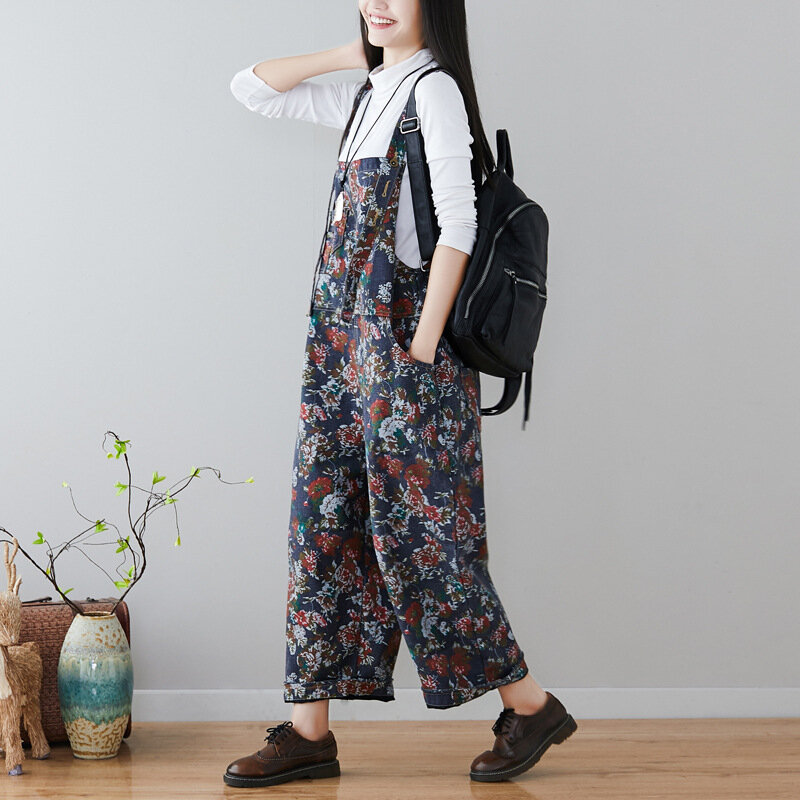 Vintage gewassen denim jumpsuit gedrukt lange wijde pijpen harembroek plus size losse Jumpsuit voor vrouwen verstelbare patchwork overalls