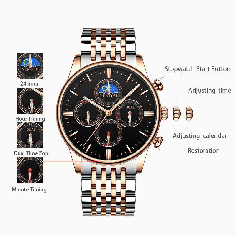 NEKTOM hombres relojes de marca superior Reloj de lujo de oro blanco Reloj de cuarzo de moda Reloj de pulsera de negocios Reloj de pulsera resistente al agua