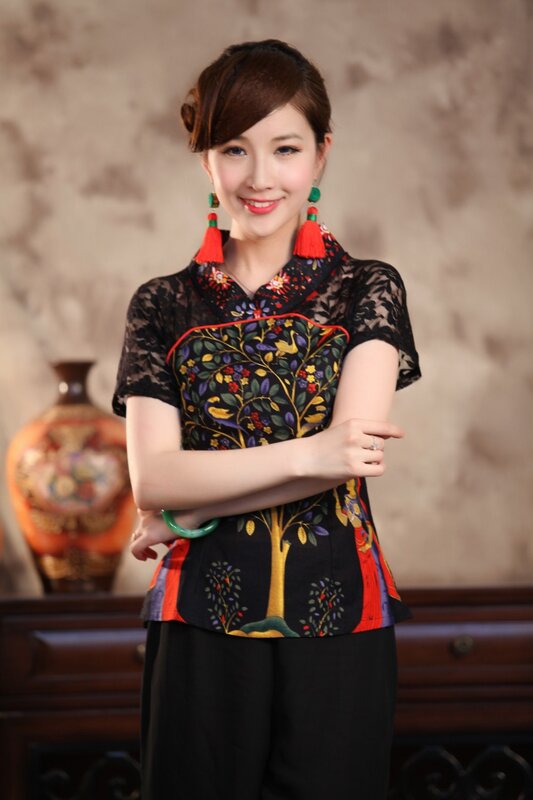 Seksi Hitam Renda Musim Panas Wanita Kemeja Top Gaya Cina Katun Linen Blus Tradisi Bunga Pakaian S M L XL XXL xxxl TS001