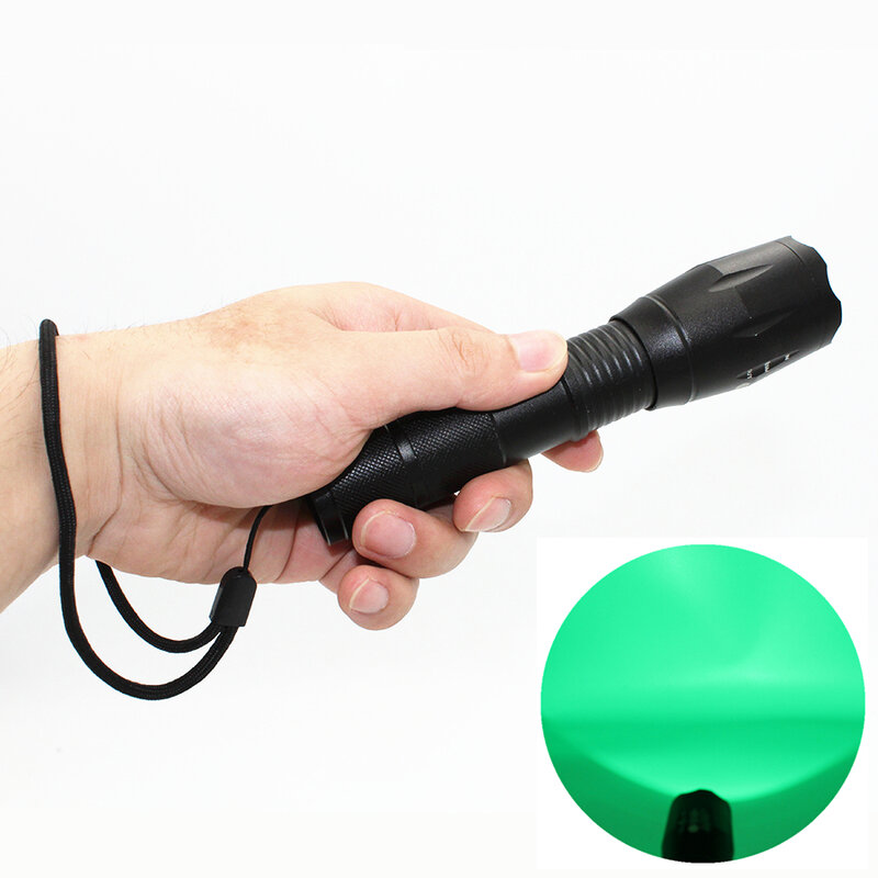 Linterna LED de caza, luz verde, Zoom, táctica, larga distancia, batería 18650 o AAA