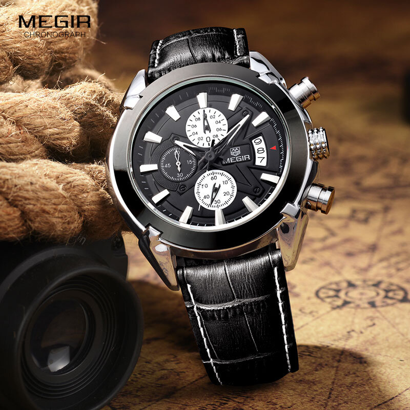Chronograf megir Casual zegarek męski luksusowy zegarek kwarcowy wojskowy sportowy zegarek ze skóry naturalnej zegarek męski