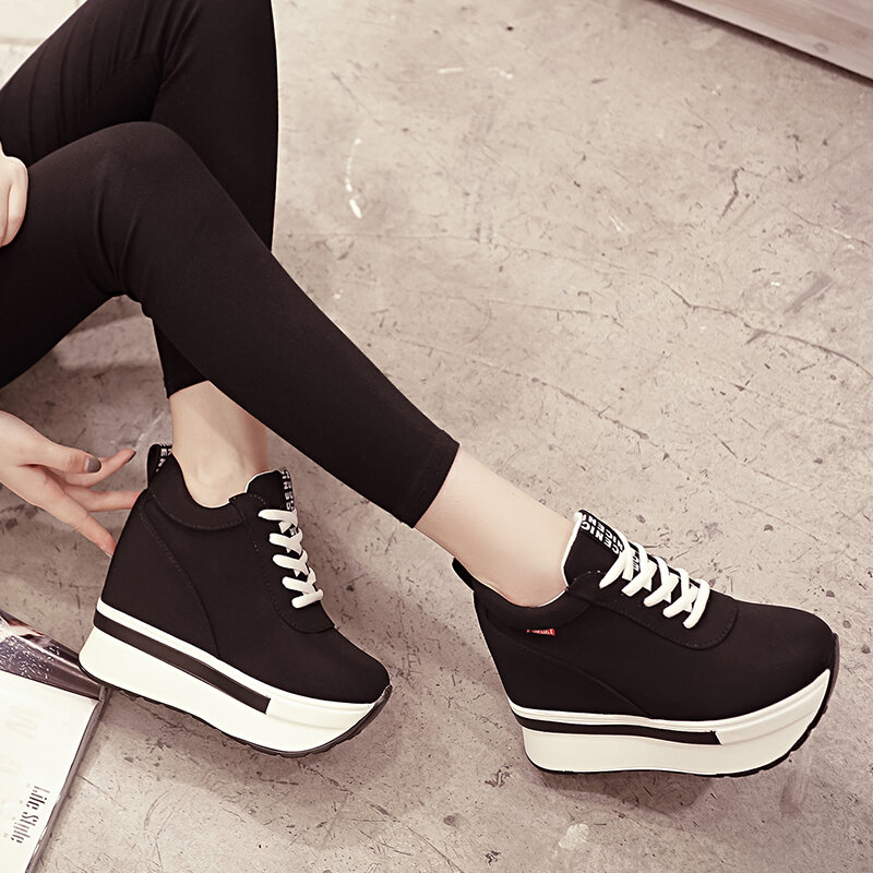 Women Sneakers Fashion Women Height Increasing Breathable Lace-Up Wedges Sneakers Platform Shoes Canvas Woman Casual Shoes