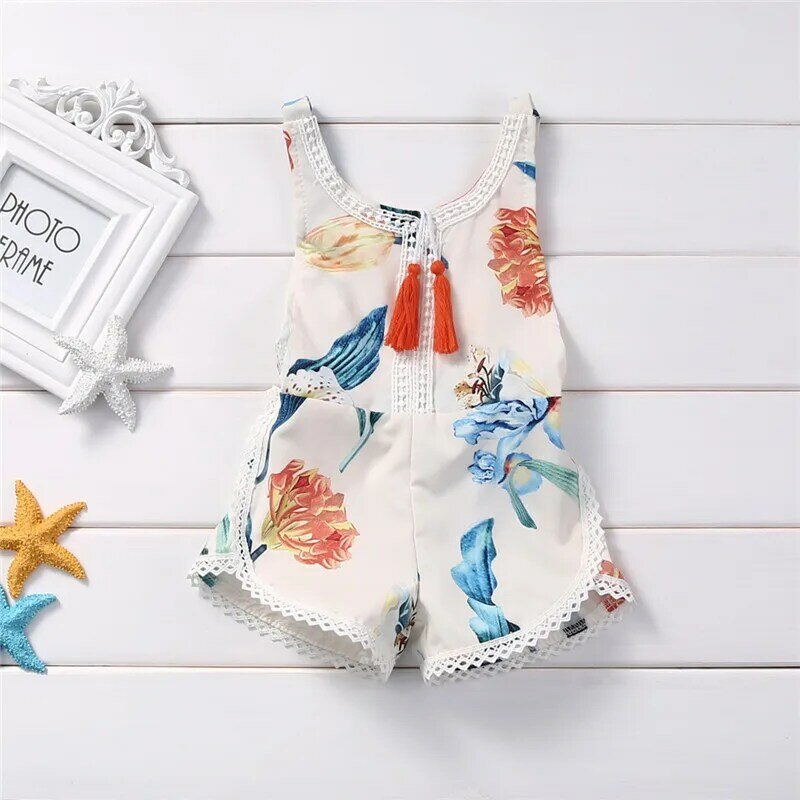 New Style Fashion Cotton Newborn Kids Baby Girl Sleveless Lace Romper Lily printing Jumpsuit Baby Clothing 0-4 T