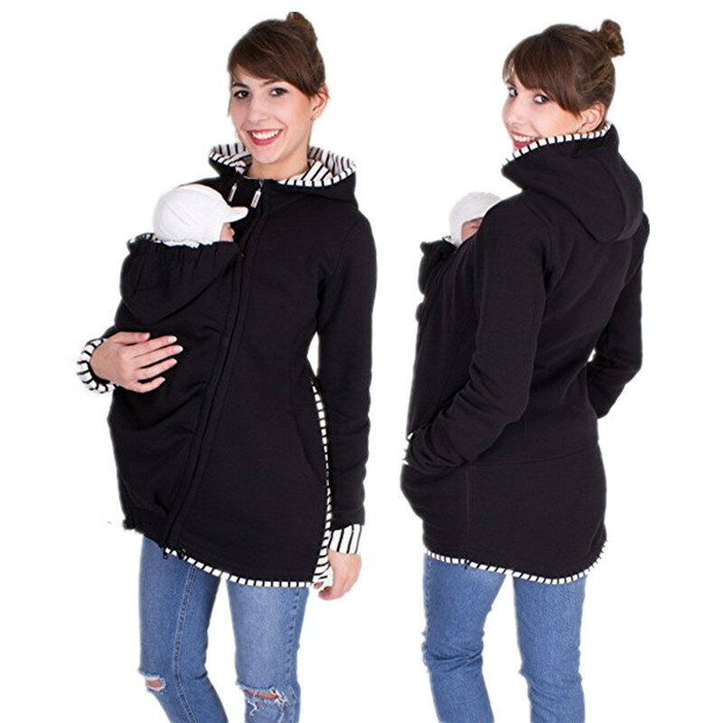 Pakaian Wanita Bersalin Jaket Pembawa Bayi Mantel Bersalin Musim Semi Musim Gugur Kanguru dengan Hoodie Ritsleting untuk Wanita Hamil B0034