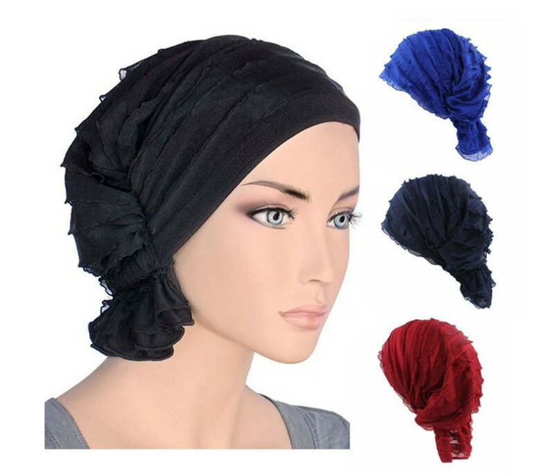 มุสลิมสตรี Hijab ชีฟองผ้าโพกหัวหมวก Headwear หมวกหัวมะเร็งเคมีบำบัด Chemo Beanies ผมอุปกรณ์เสริม