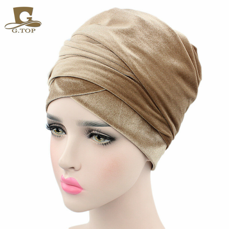 Envoltório de cabeça de veludo plissado Turbante Mágico Hijab Tubo extra longo Indiano Headwrap, Gravata de lenço, Novo luxo