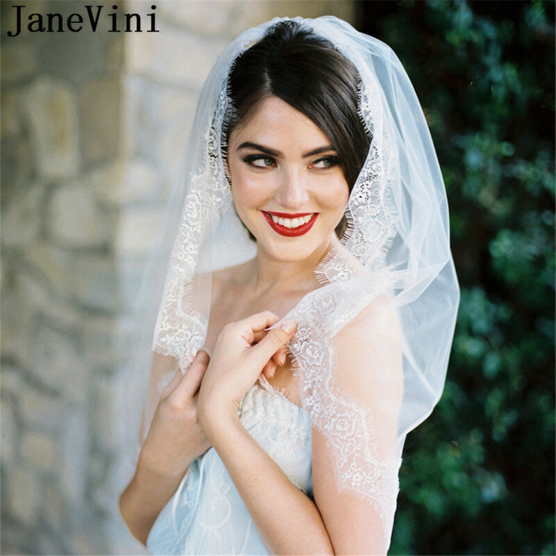 Janevini véu de noiva estilo ocidental, pente com uma camada, borda de renda, curto, macio, tule, véu de casamento