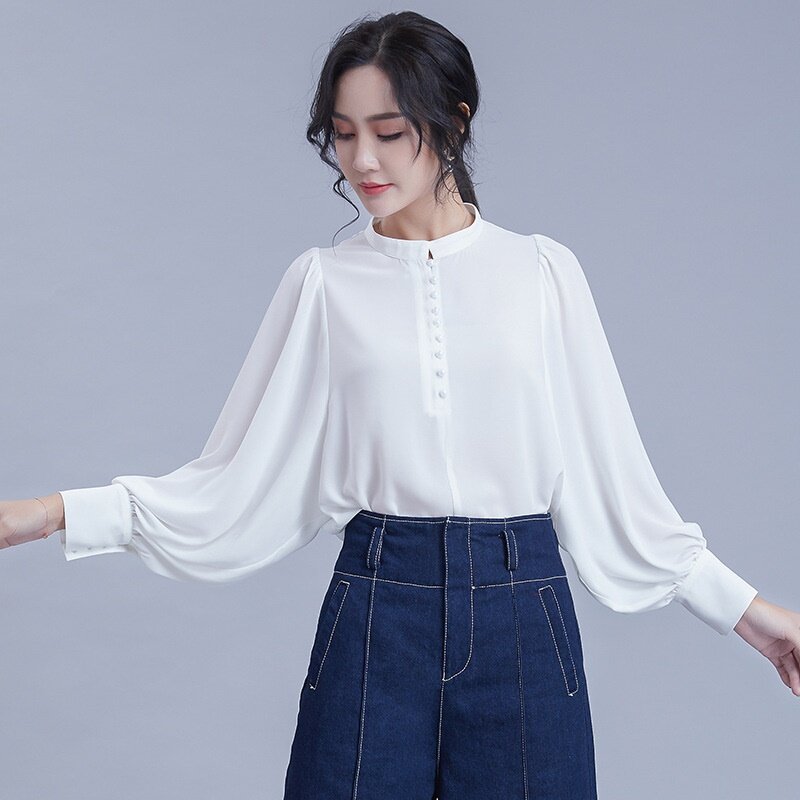 Solid Color Korean Fashion odzież damska bluzka boczna koszula z guzikami kobieta bufiasty rękaw odzież do pracy kobiet topy lato 2019 DD2134
