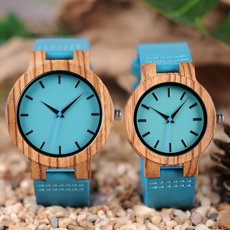 BOBO BIRD-reloj de madera clásico de cebra para hombre y mujer, accesorio de pulsera de cuarzo con diseño azul índigo, dos cajas Optiom de 33mm y 45mm