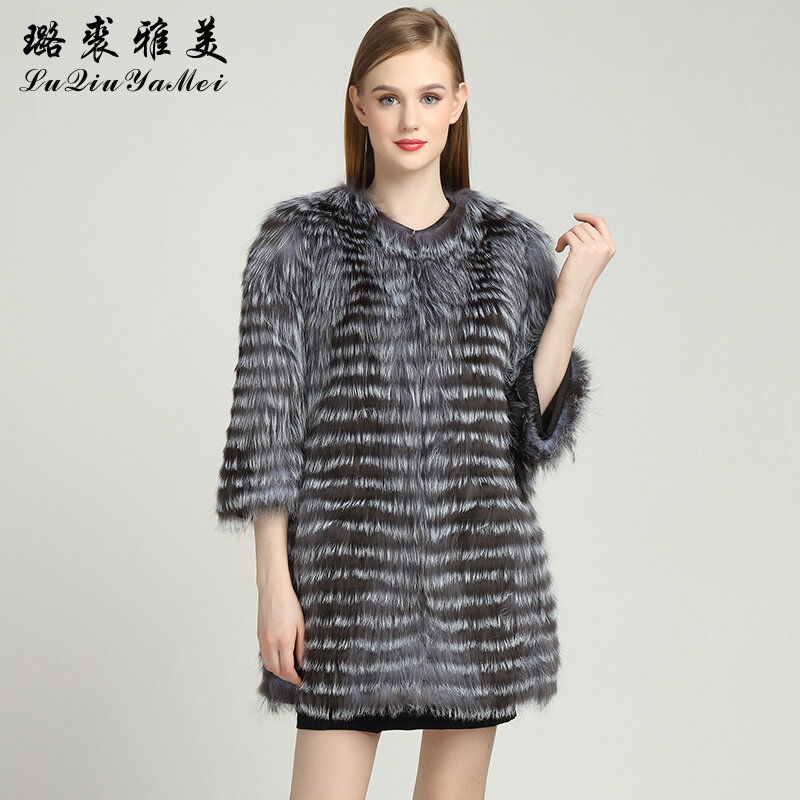 Manteau de fourrure de renard argenté naturel pour femmes, manteau de fourrure véritable, veste en cuir véritable, vestes pour femmes, combinaison rayée mince, hiver