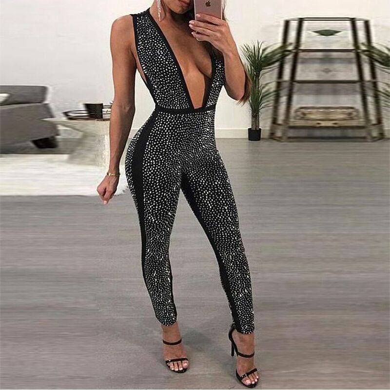 Hot Selling Sexy V-neck Sleeveless Crystal Embellished Jumpsuits Woman Fashion Backless Rhinestones Clothes Black