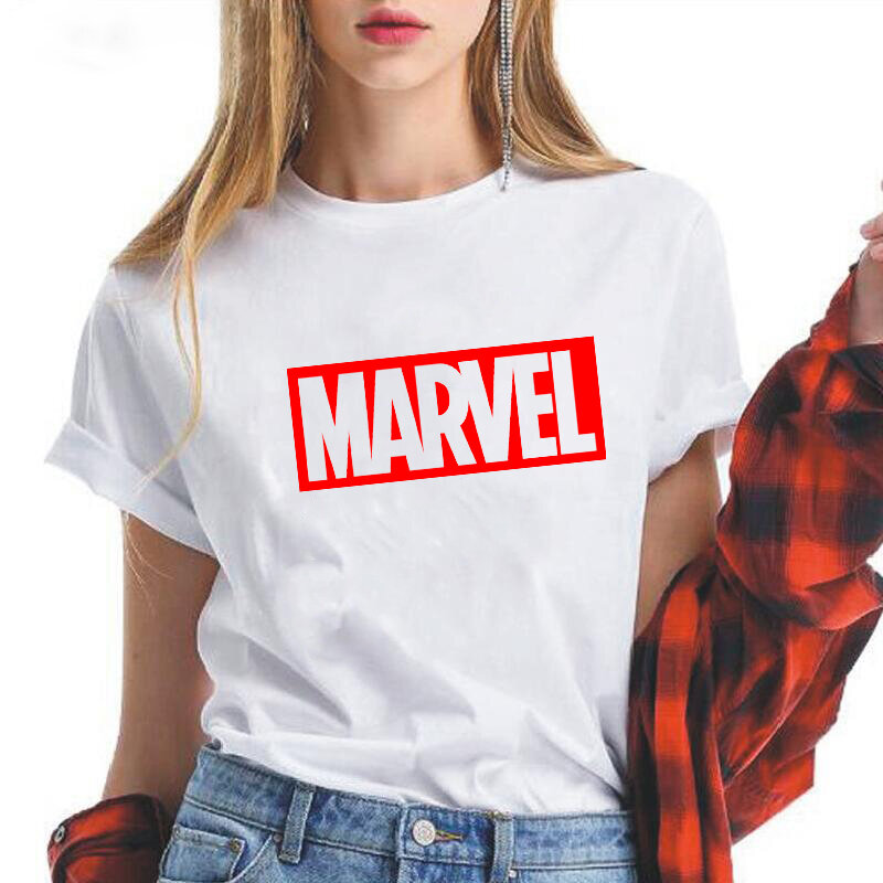 LUSLOS MARVEL T Shirt Superheros moda biała czarna koszulka damska lato dorywczo z krótkim rękawem O-neck moda Slogan t-shirty