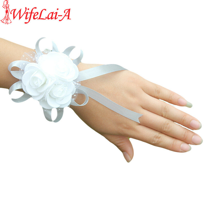 WifeLai-A 1piece PE Rose Hand Wrist Flower with ribbon Wedding Accessories for Wedding Bride Boutonniere and Groom SW003