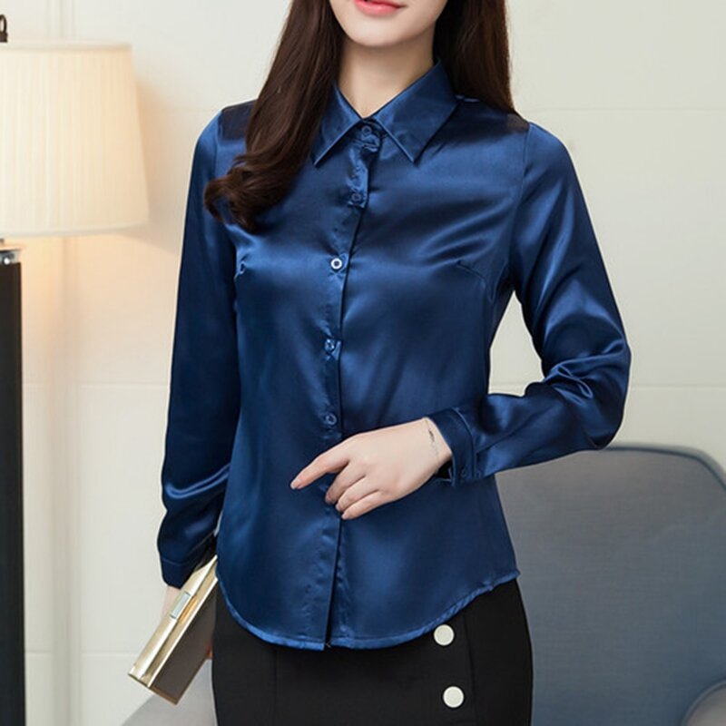 Stinlicher satynowa jedwabna koszula damska jesień z długim rękawem eleganckie bluzki do pracy koreańska moda fioletowa zielona niebieska bluzka koszula