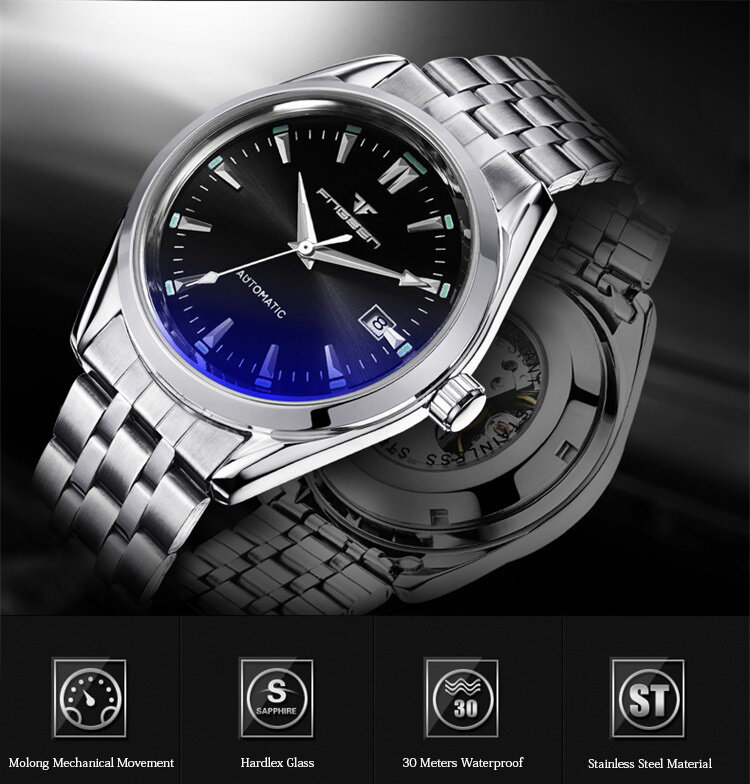 Men Automatic Mechanical Watch Blue Hands With Calendar Date montre homme Waterproof reloj hombre FNGEEN 6612-1