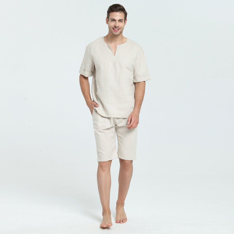 Men and Woen Unisex Ramie and Cotton Sumer and Spring  Short Top Sleepwear Home Wear Loungewear pajama Sets with Long Pants