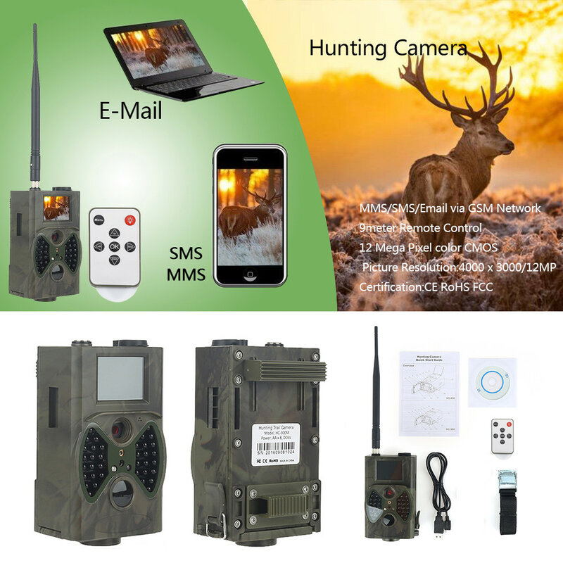 Waterproof Wildlife Trail Camera, 16MP, visão noturna, sem fio Photo Trap, Vigilância, Armadilha, 2G, MMS, SMS, SMTP, HC300M