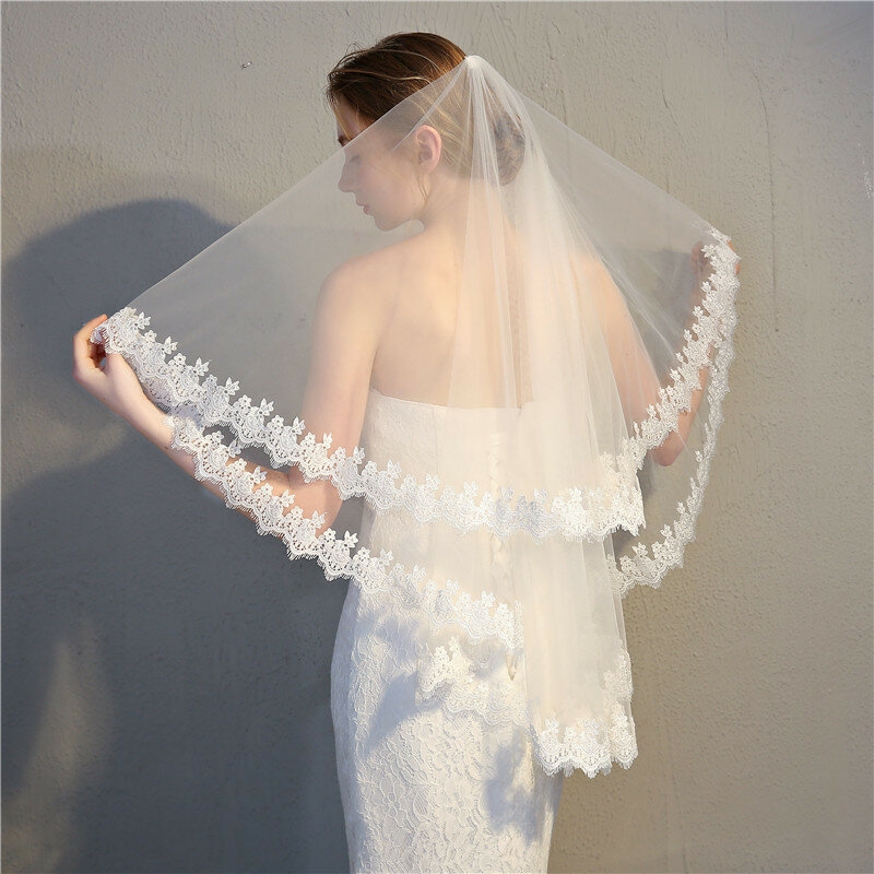 Janevini véu de noiva, véu vintage marfim curto com 2 camadas, longo, cotovelo, apliques de renda, com pente