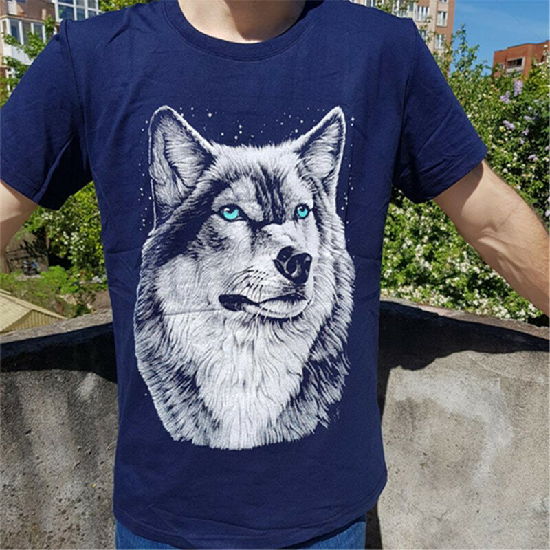 BINYUXD-Camiseta de cabeza de Lobo 3D para hombre, camisa de manga corta con cuello redondo, a la moda, talla grande, nueva marca de verano