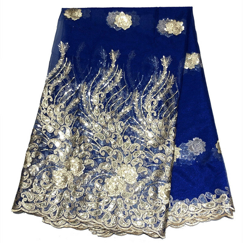 Высококачественное Королевское синее африканская кружевная ткань с золотыми блестками, французская кружевная ткань для свадебной вечерин...