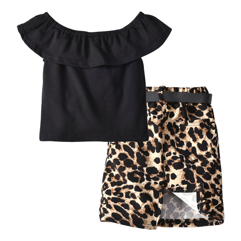 Conjunto de tres piezas para niña, Top de tubo de algodón negro con volantes, Falda corta de leopardo y cinturón