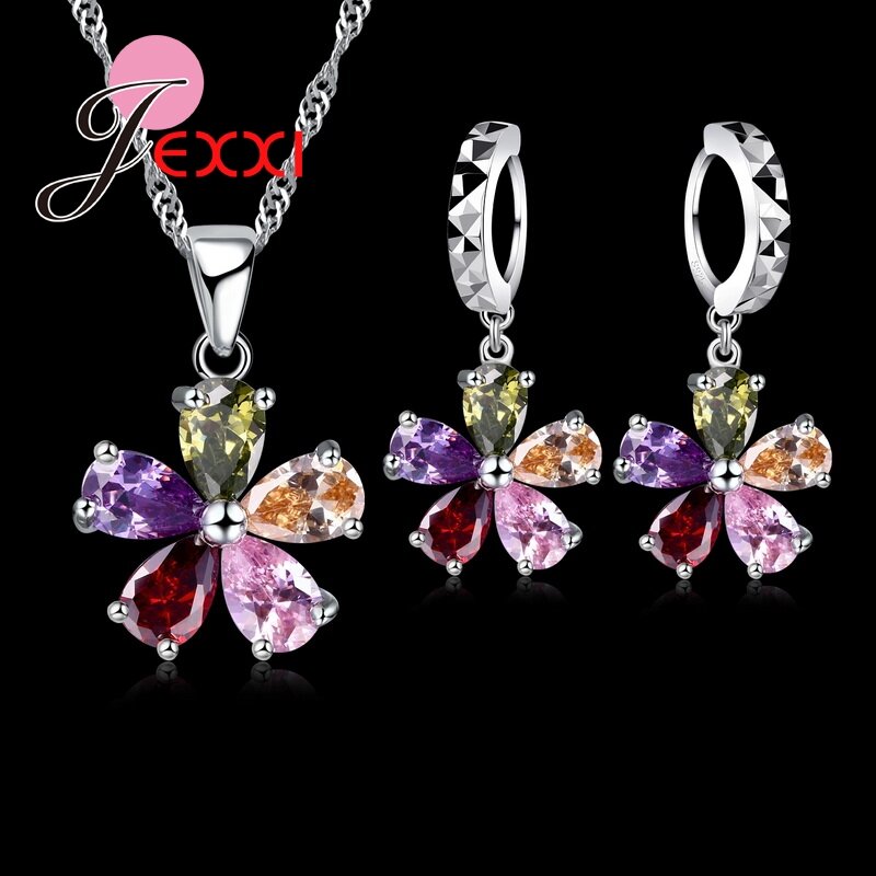 Shinning Flower kolorowe CZ kryształowy wisiorek biżuteria ustawia 925 srebro naszyjnik + Dangle/kolczyki w kształcie obręczy zestawy