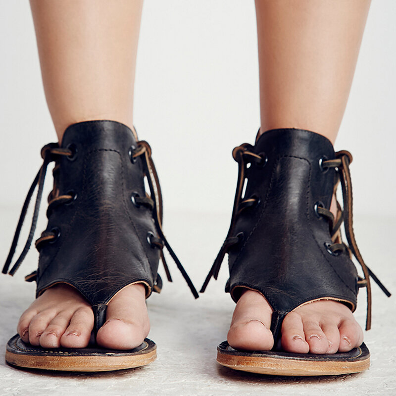 Kobiety sandały w stylu Vintage, lato, damskie buty Sandały gladiatorki klapki dla kobiet plaża buty skórzane płaskie Sandalias Mujer