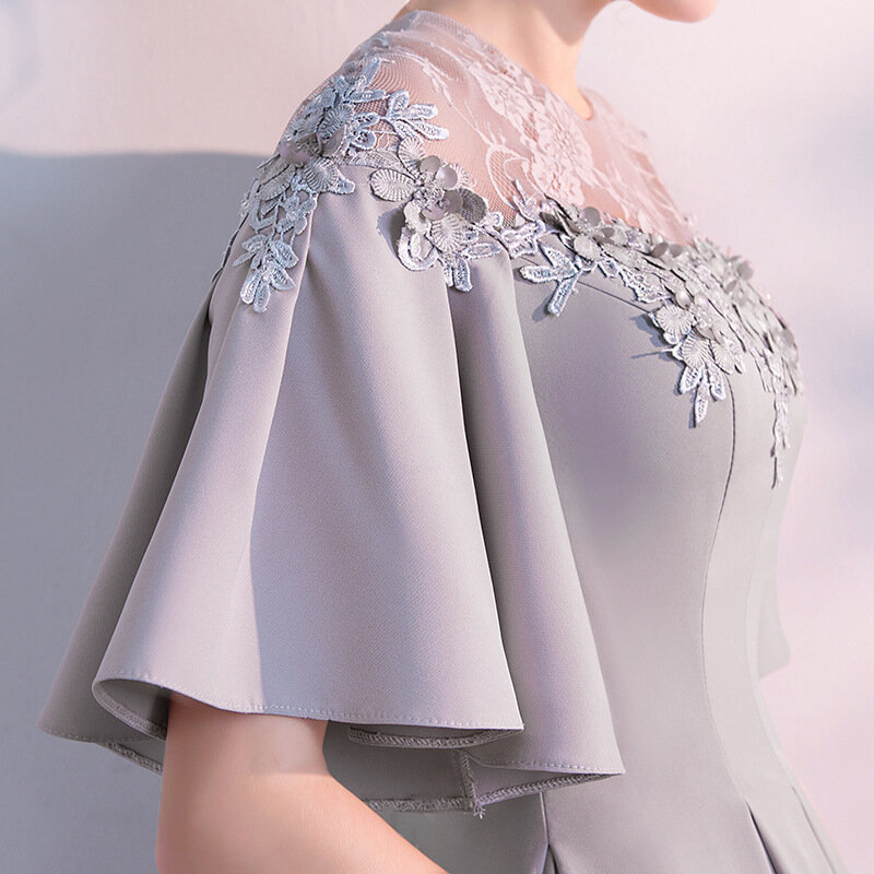 JaneVini – robe de bal élégante grise en Satin, courte, manches courtes bouffantes, ligne A, avec des Appliques en dentelle perlée au dos, effet d'illusion