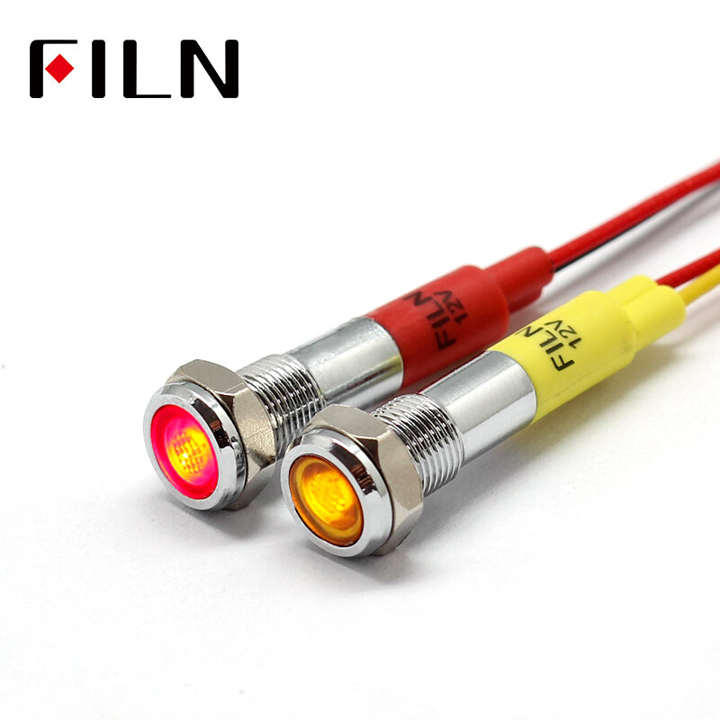 Filn-mini lámpara LED de señal plana, luz indicadora de metal de 6mm, 12v, color rojo y amarillo, con cable de 20cm