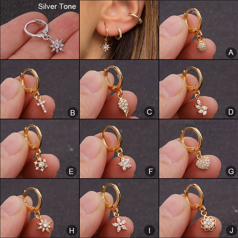 Feelgood 1pc Boho Dainty Hoop With Small Cz Earring Crystal Cross Flower Star Heart Wing Ear Piercing Jewelry Tiny Earring