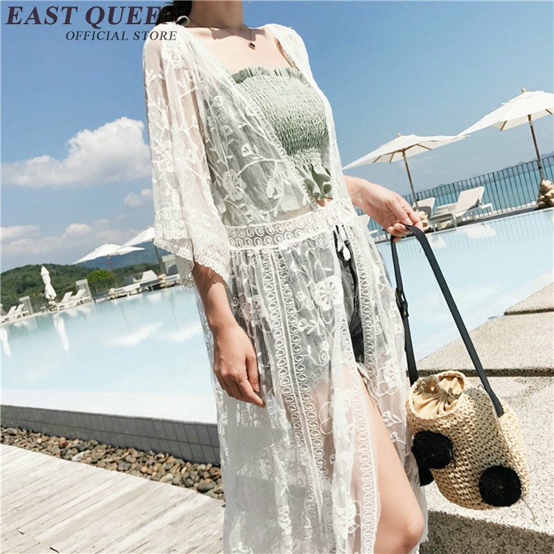 2018 fashion summer long cardigan white lace cardigan flare sleeve mesh cardigan beach tunic free size NN0680 YQ