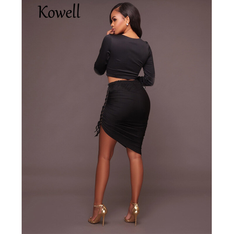 2019 New Style Women Sexy Suits Deep V-Neck Long Sleeve Female Short Shirt High-Waisted Skirt Eyelet Sexy Suits