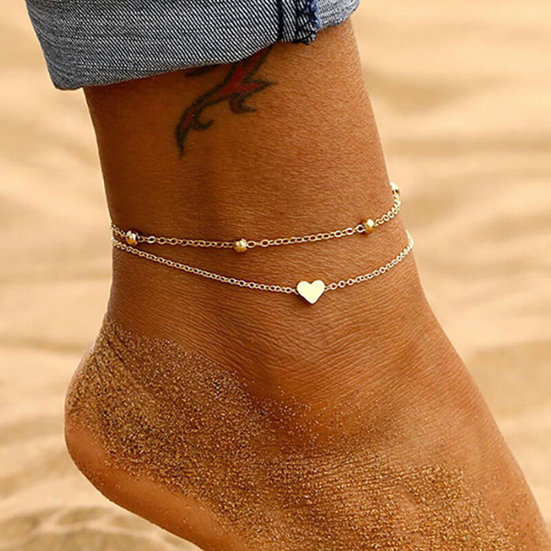 Женский многослойный ножной браслет IPARAM, браслет на щиколотку, с сердечками, 2021, летние пляжные браслеты на ногу
