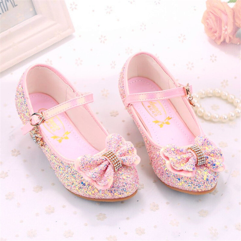 Princesa niños zapatos de cuero para niñas flor Casual purpurina niños 2,5 cm tacones altos niñas zapatos mariposa nudo blanco rosa azul