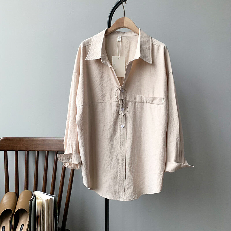 Blusa informal holgada de manga larga para mujer, camisa grande de algodón con cuello vuelto y botones, moda coreana