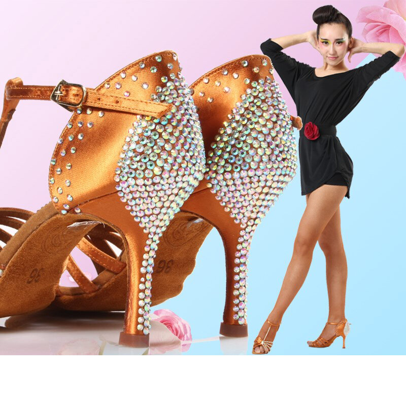 Высококачественные импортные атласные туфли со стразами на среднем каблуке танцевальные туфли для латиноамериканских танцев для женщин и взрослых профессиональная обувь для выступлений в зале