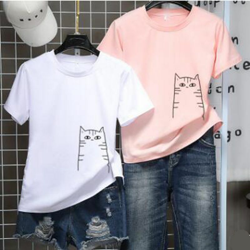 2020 été T-shirt Harajuku Kawaii mignon chat petit ami et petite amie T-shirt à manches courtes hauts Couple chemise
