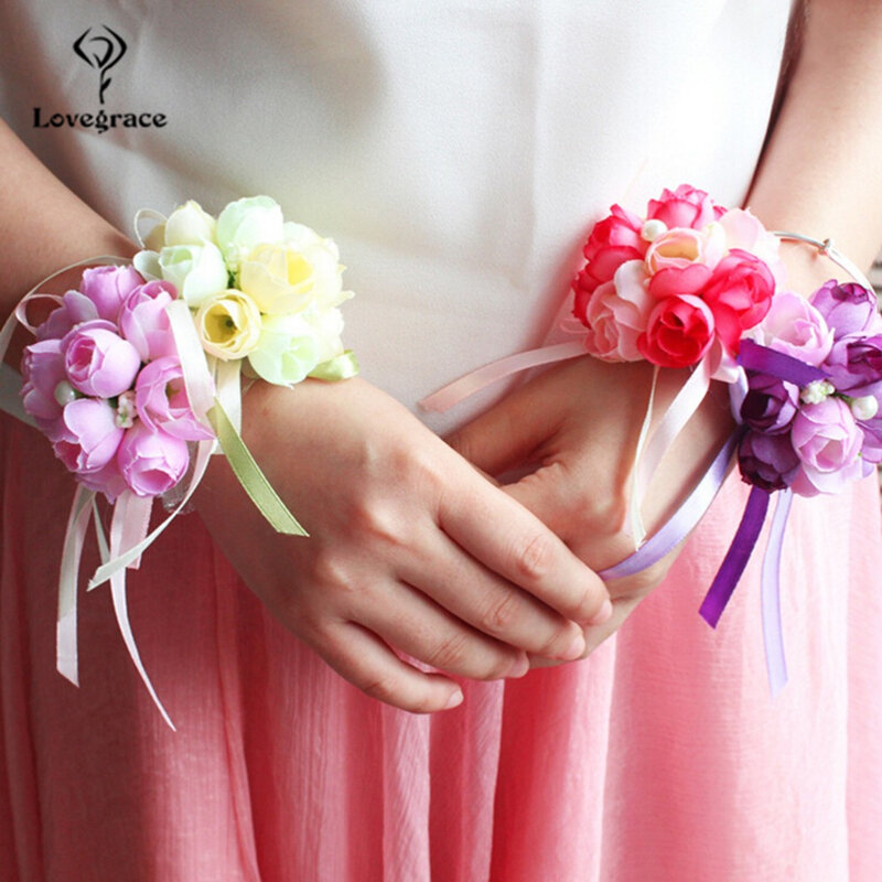 Lovegrace งานแต่งงานสร้อยข้อมือ Corsage ข้อมือดอกไม้มือและ Boutonnieres Silk Rose ดอกไม้ Blue Bouquet อุปกรณ์เสริม