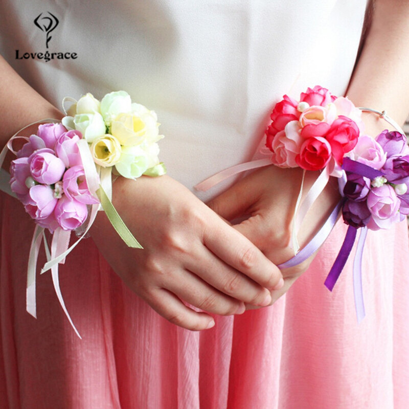 Lovegrace Pernikahan Bridesmaid Pergelangan Tangan Korsase Bunga Gelang Tangan dan Boutonnieres Mawar Sutra Pergelangan Tangan Bunga Biru Buket Aksesoris