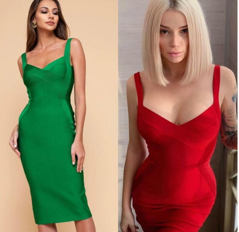 عالية الجودة الوردي الأخضر الأحمر Bodycon طول الركبة رايون ضمادة فستان سهرة حفلة فستان Vestidos