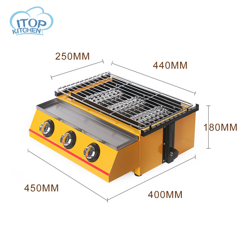 3 Burners LPG Gas BBQ Grill Stainless Steel 2800Pa Smokeless Barbecue Grill Environmental Easy Clean Portable Stove Commercial