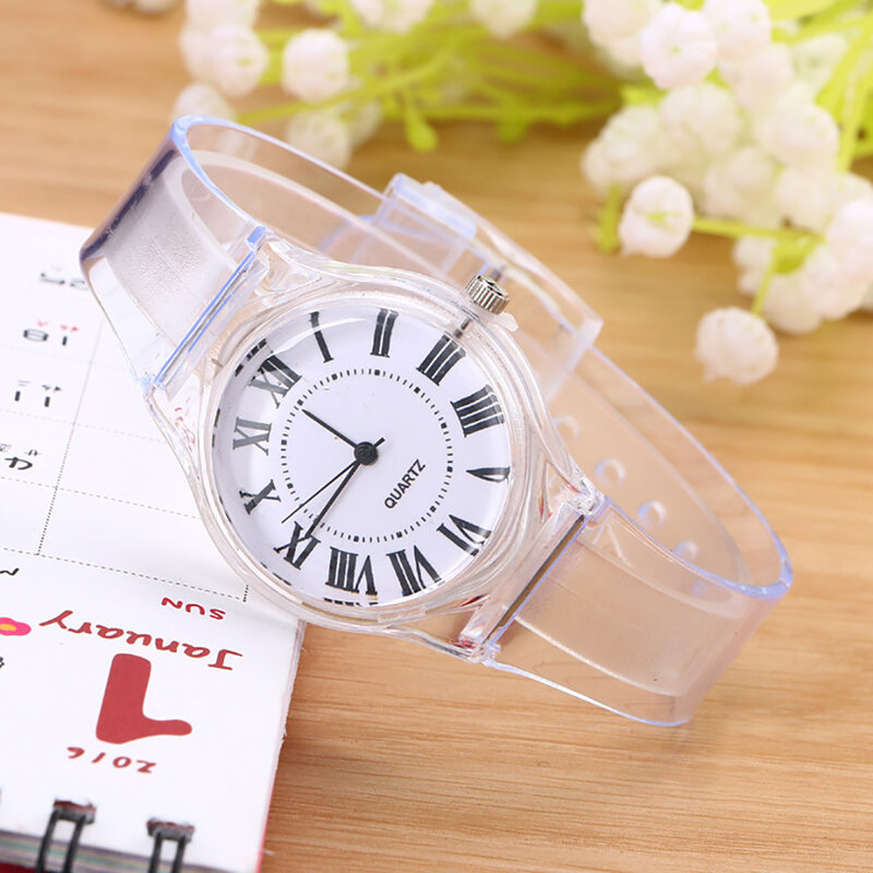 높은 품질 크리스탈 시계 만화 참신 투명 실리콘 스트랩 클래식 전자 시계 학생 여성 손목 시계