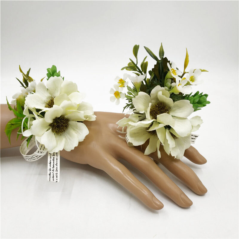 Yo cho-結婚式用の白い花のブーケ,手首に取り付ける花,手作り,結婚式用,花嫁介添人用のピン,装飾用