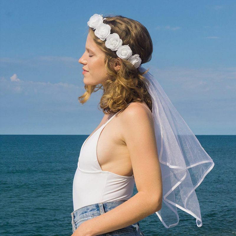 Mujeres nupcial corona de la flor del pelo con velo blanco boda corona cordón ajustable cinta Bachelorette partido