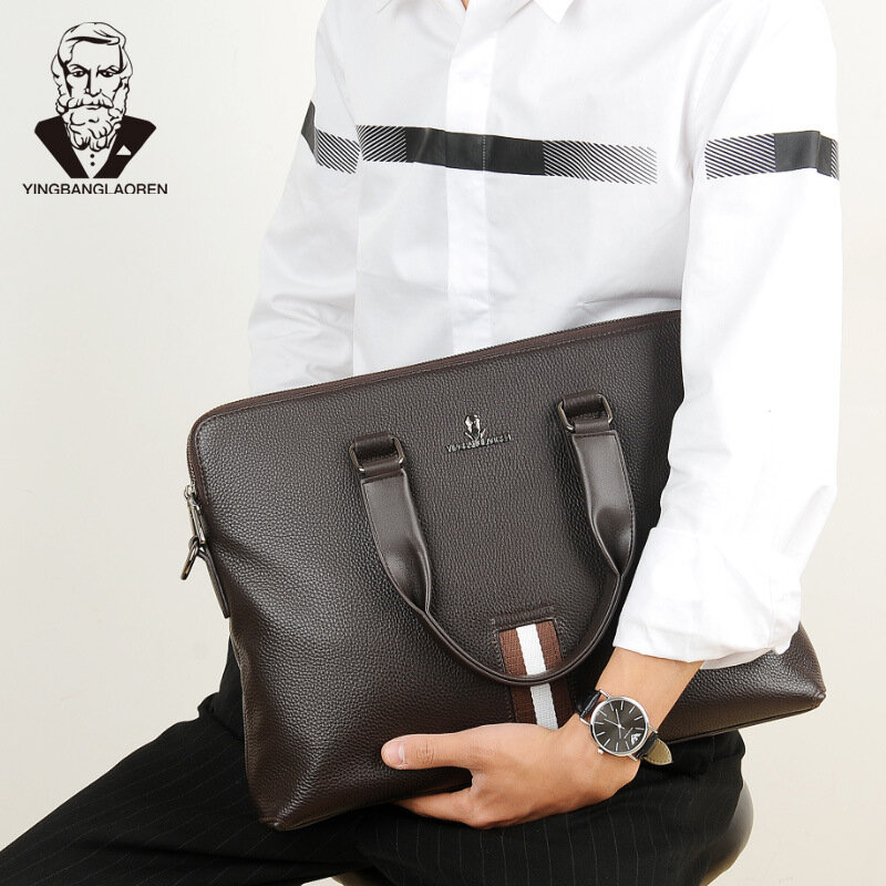 Maletín de negocios para hombre, bolso de mano de cuero PU, bandolera de doble capa, negro y marrón