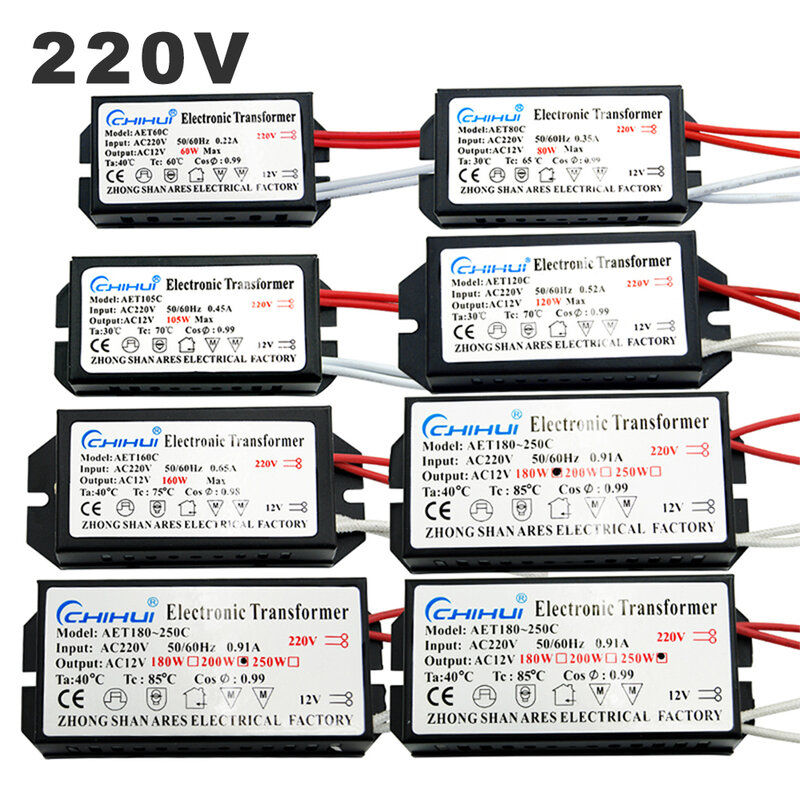 Transformador electrónico de 220V, 60W, 80W, 105W, 120W, 160W, 180W, 200W, 250W, para lámpara halógena de CA de 12V, cuentas de luz G4