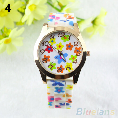 Women Watches  Silicon Band Flower Print Jelly Sports Quartz Wrist Watch  wristwatches 021K 3WJL