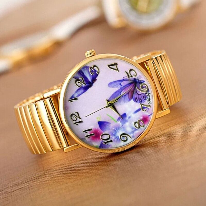 shsby new Elastic stainless watches women dress watches Gold watchband casual wristwatches Bright-coloured flower girl watches