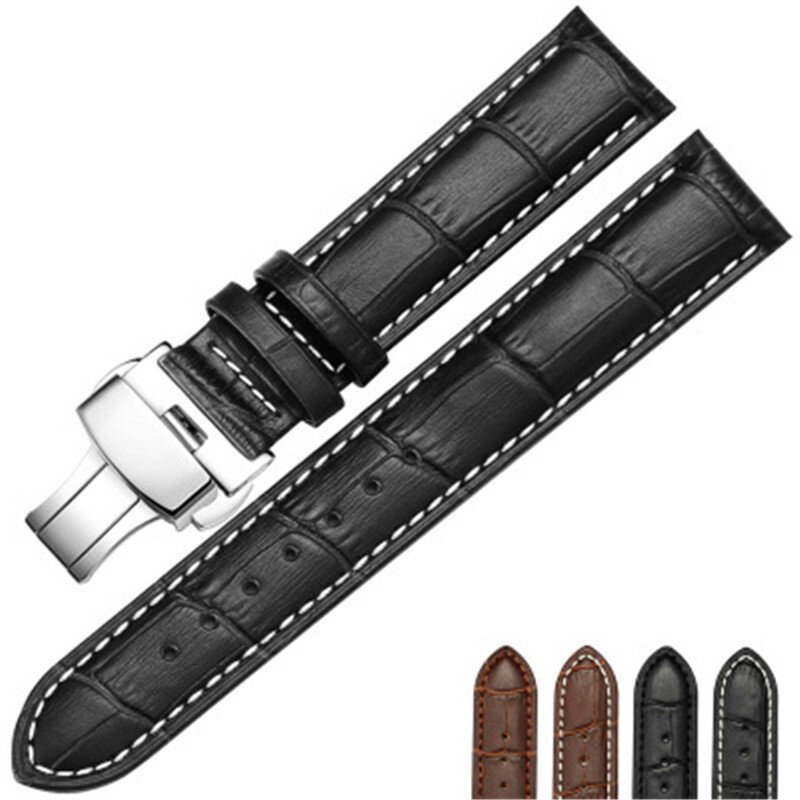 Brand Genuine Cow Leather watchbands 18-24mm watch strap belt Polished Metal Butterfly Deployant Buckle Clasp Watch Accessories